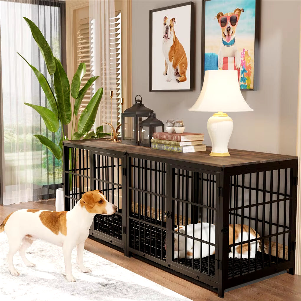 Heavy Duty Dog Kennels Metal Wooden Dog with Three Doors and Removable Tray