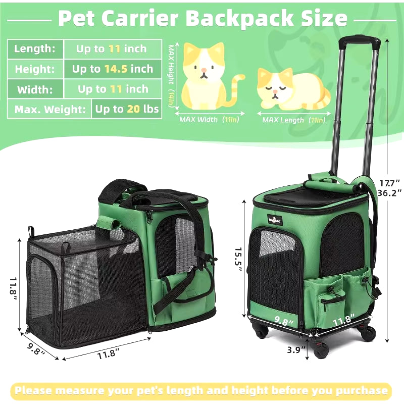 Expandable Pet Carrier Backpack with Wheels | Breathable Rolling Bag for Cats & Dogs up to 20 lbs