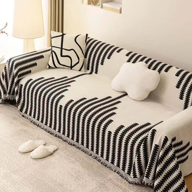 Thick Chenille Non-Slip Blanket – Classic Black Stripe Sofa Cover for Summer Naps