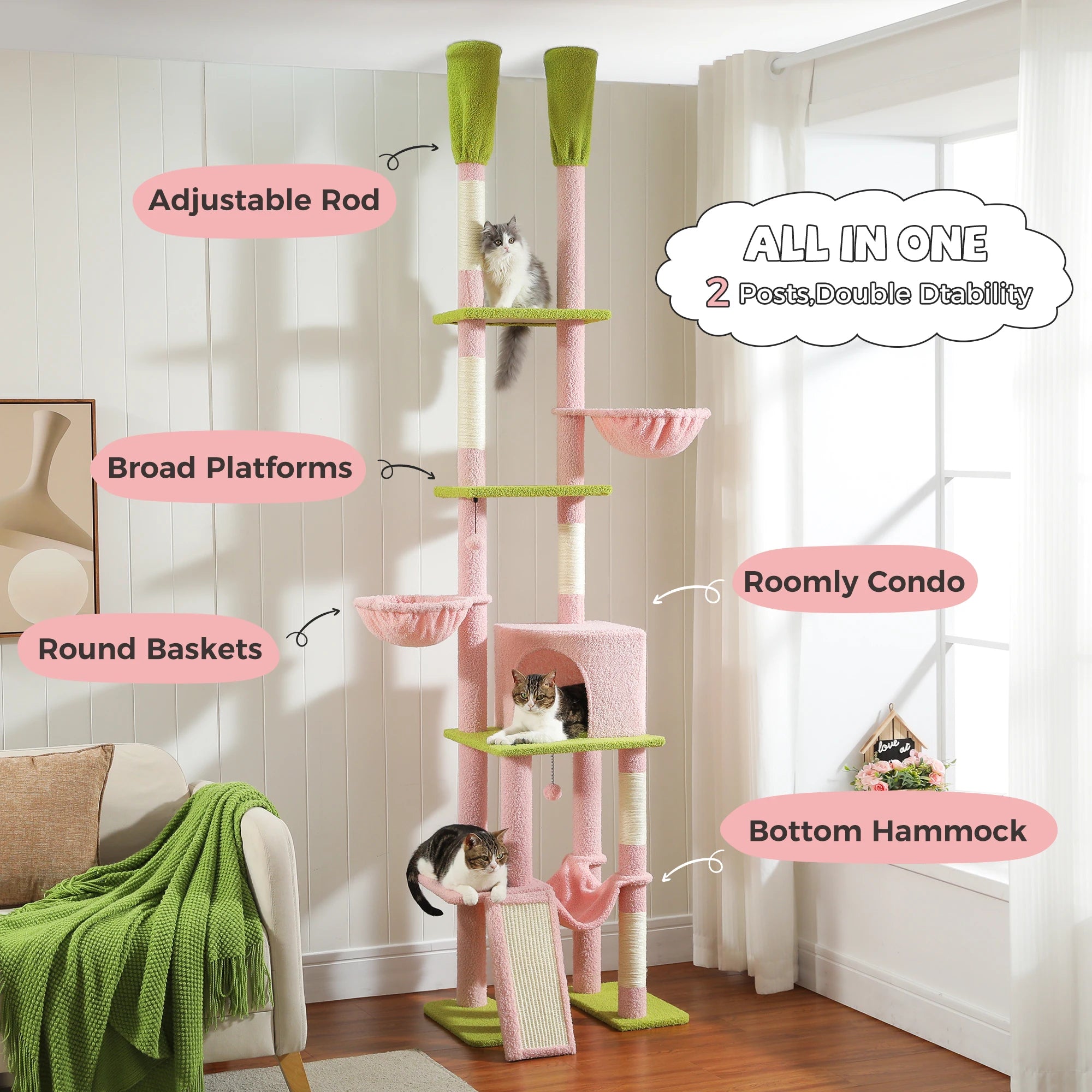 Adjustable 216-285Cm Height Cactus Cat Tree with Condo Hammock High Cat Tower Scratching Post for Cat Jumping Platform Cat Toys