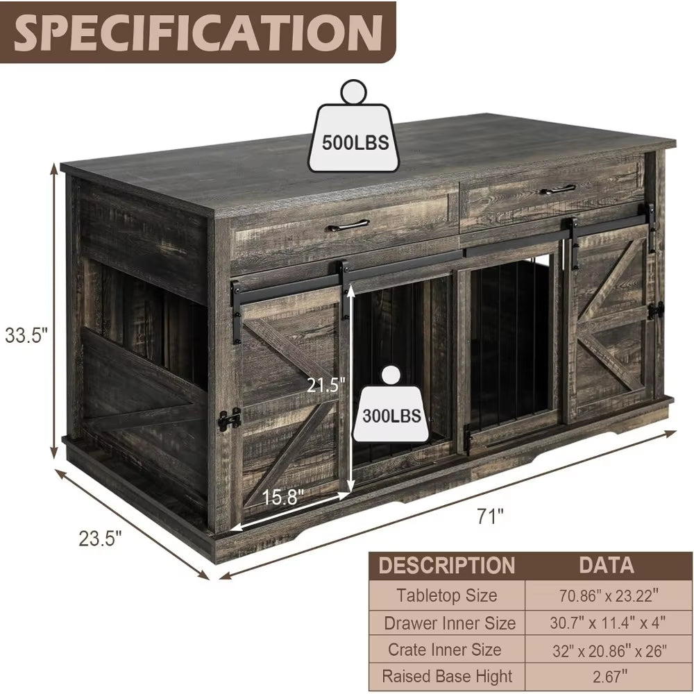 Dog Crate for Large Dog with Divider Wooden Kennel Indoor Cages Kennel Furniture with 2 Drawers