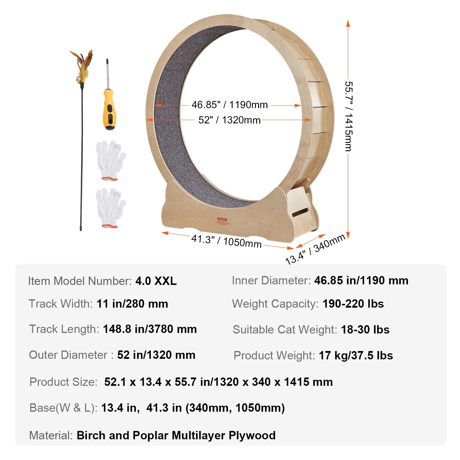 Cat Exercise Wheel Natural Wood Silent Running Toy Treadmill Roller Wheel with Detachable Carpet for Most Cats Pet Fitness