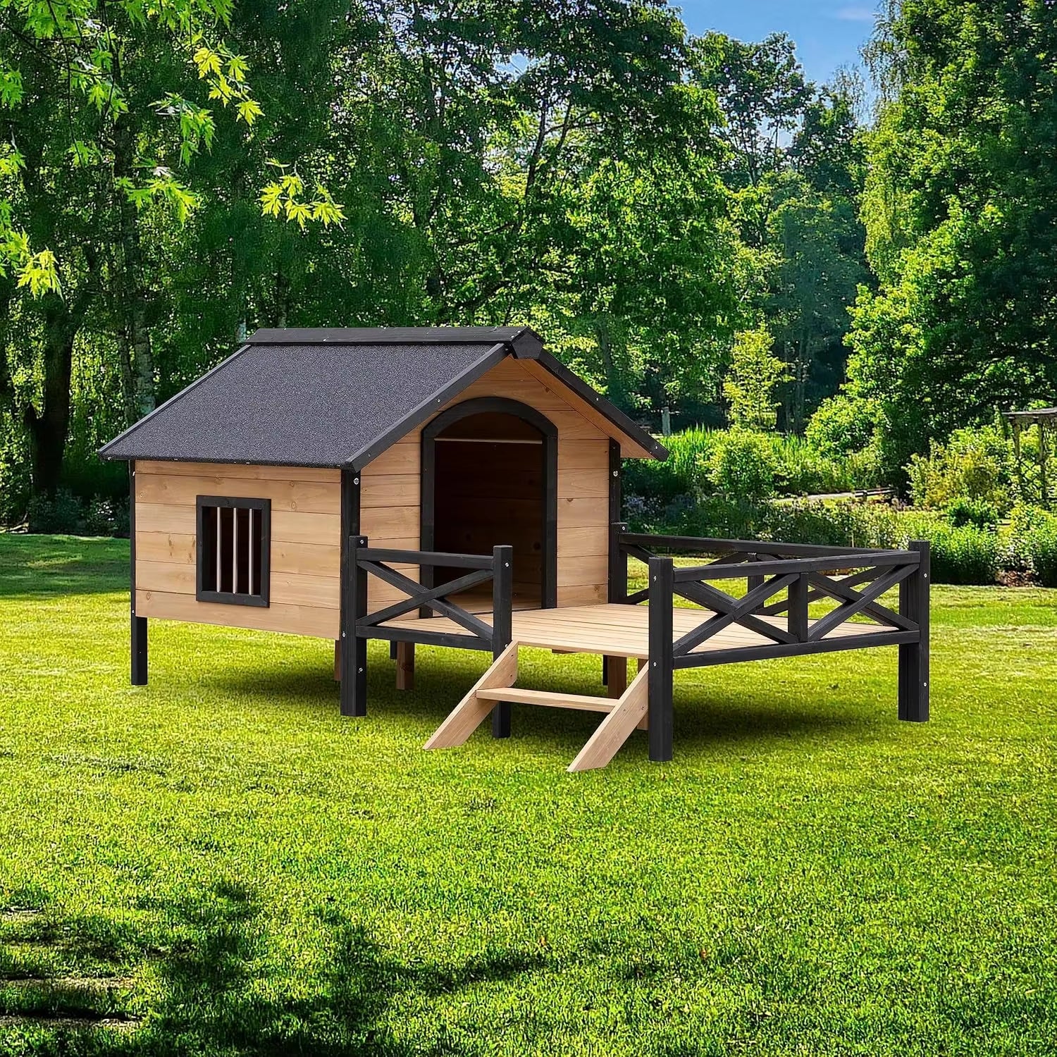 Large Wooden Dog House with Porch, 66.9” Outdoor Log Cabin-Style, Waterproof & Kiln-Dried Wood Kennel