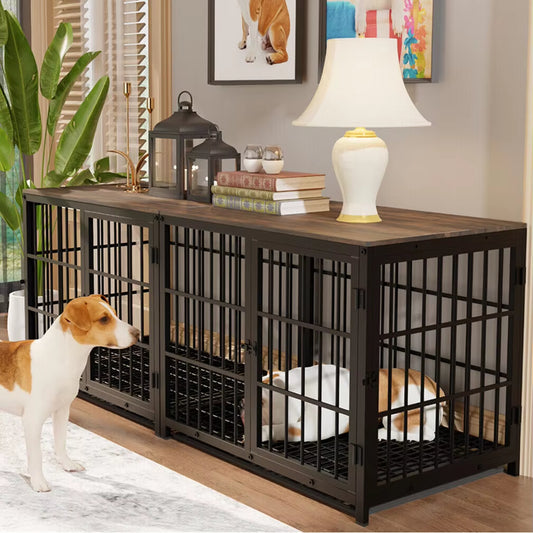 Furniture Style Dog Crate Metal and Wood Pet Kennel End Table with Three Doors and Removable Tray