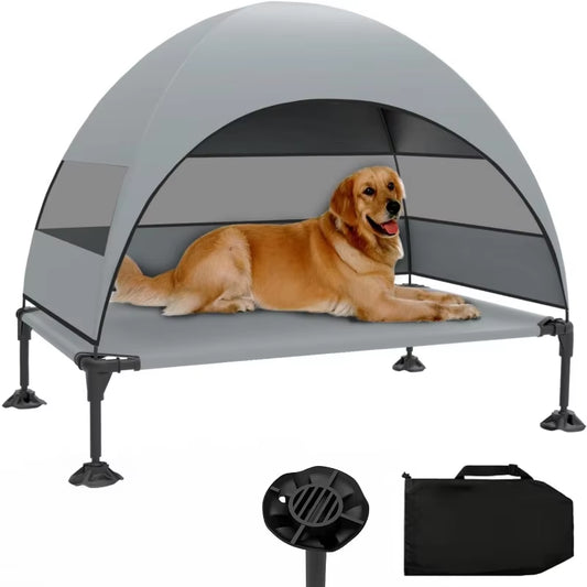 Elevated Dog Bed with Canopy, Raised Outdoor Dog Cot with Stable Anti-Slip Feet, Pet Bed with Removable Canopy Shade Tent