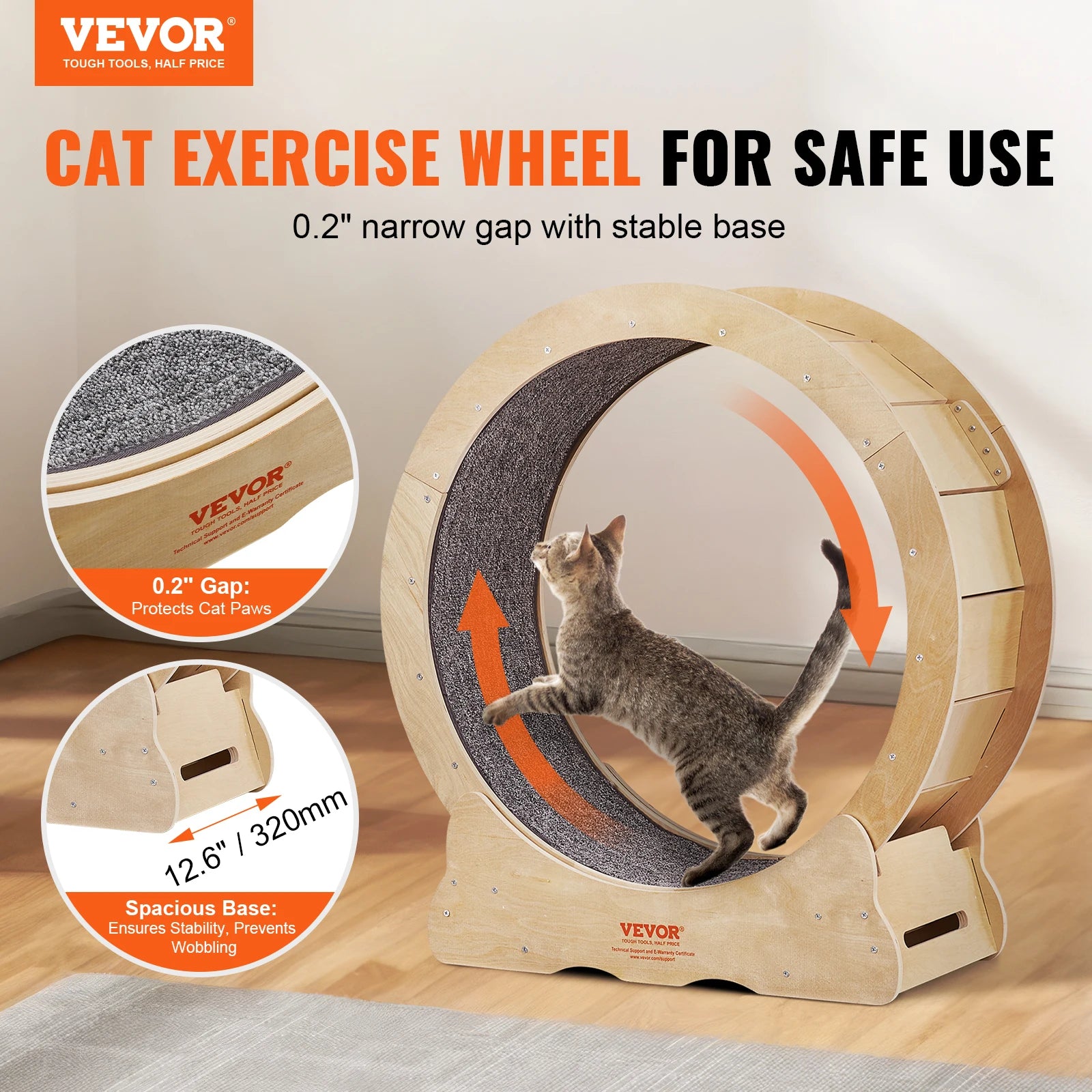 Cat Exercise Wheel Natural Wood Silent Running Toy Treadmill Roller Wheel with Detachable Carpet for Most Cats Pet Fitness