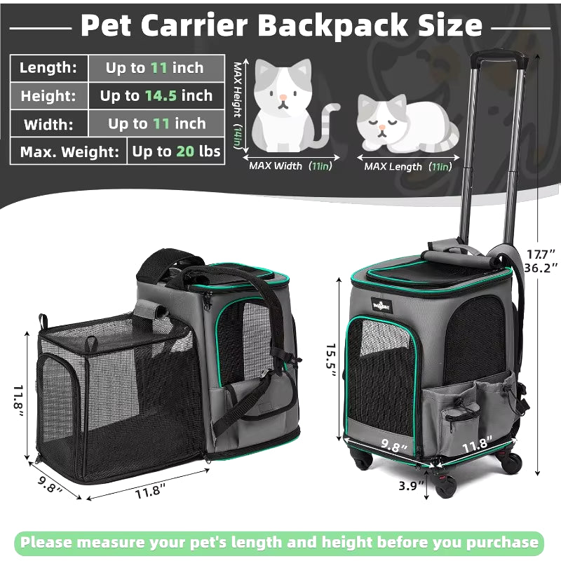 Expandable Pet Carrier Backpack with Wheels | Breathable Rolling Bag for Cats & Dogs up to 20 lbs