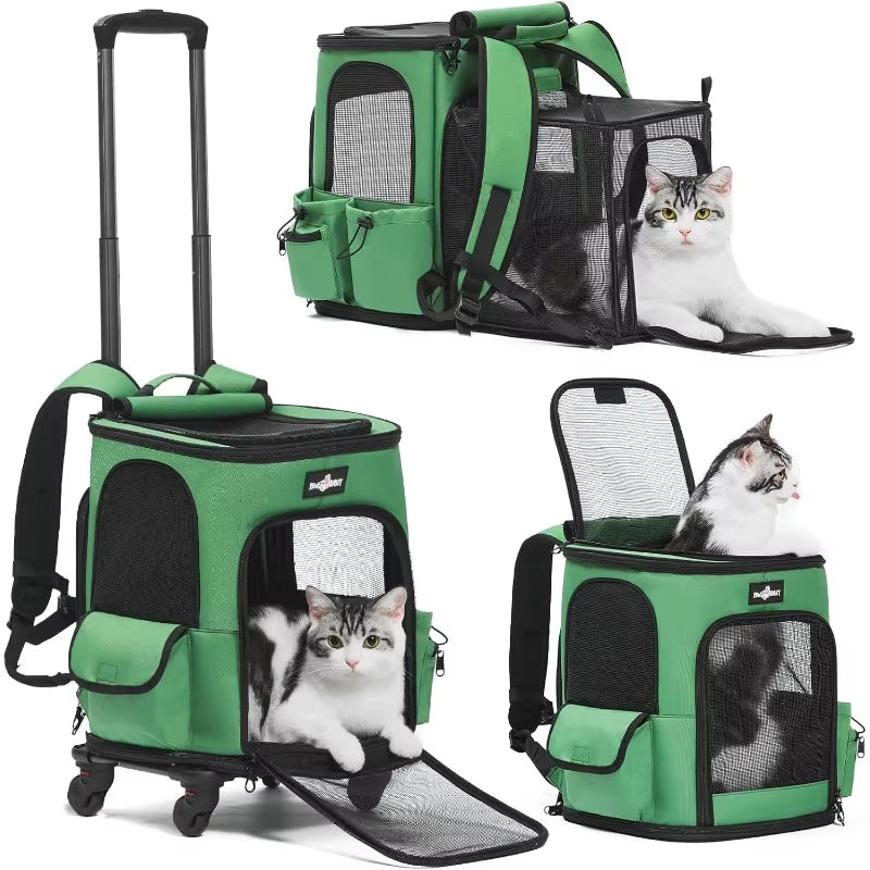 Expandable Pet Carrier Backpack with Wheels | Breathable Rolling Bag for Cats & Dogs up to 20 lbs