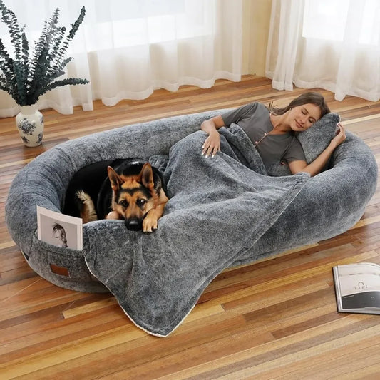 Giant Human Dog Bed with Blanket & Pillow - Plush Adult Nap Bed for Pets | Comfortable Home Cushion Supplies