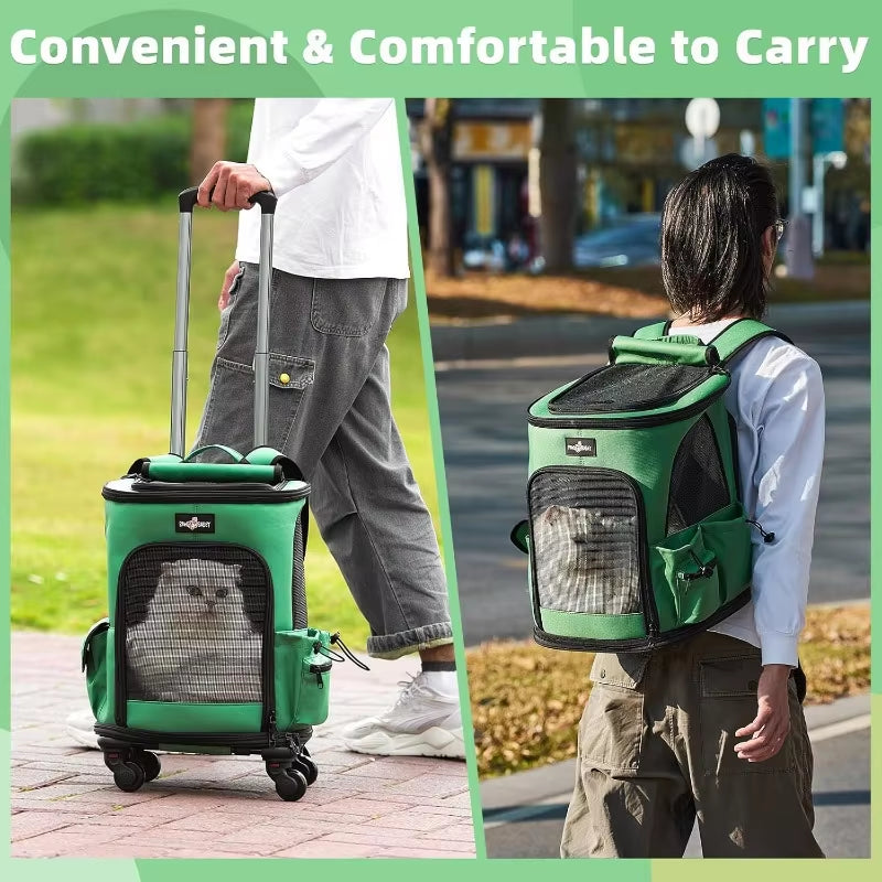 Expandable Pet Carrier Backpack with Wheels | Breathable Rolling Bag for Cats & Dogs up to 20 lbs