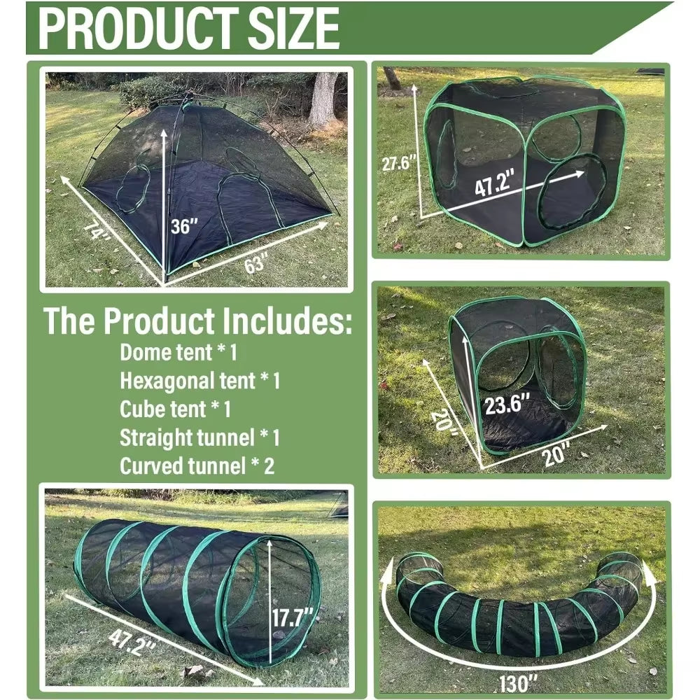 6-In-1 Outdoor Cat Play Tents and Tunnels - Portable Cat Enclosures and Playpen with 3 Tents and 3 Tunnels Things for Cats Toys