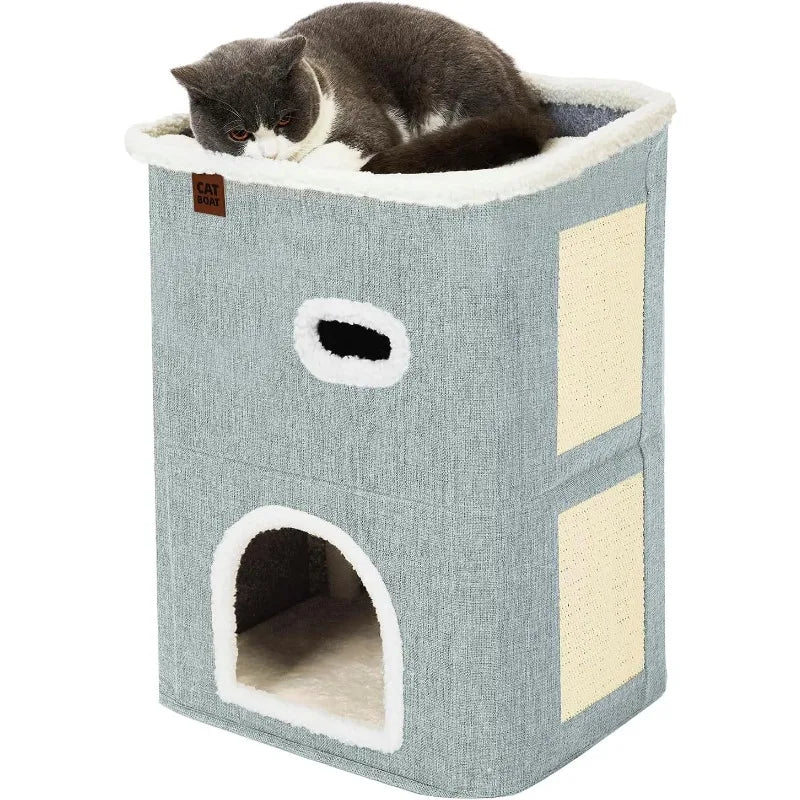 2-Storey Cat House for Indoor Cats Bed, Covered Cat Beds & Furniture with Scratch Pad and Hideaway Cave, Cute Modern Cat Condo