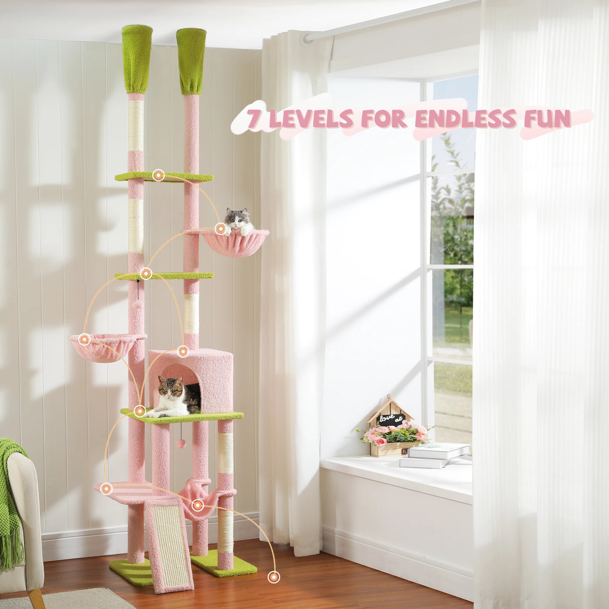 Adjustable 216-285Cm Height Cactus Cat Tree with Condo Hammock High Cat Tower Scratching Post for Cat Jumping Platform Cat Toys