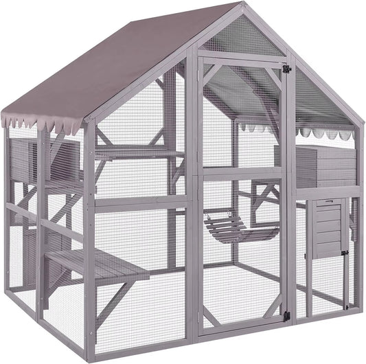 Cat Run Large Cat Enclosure Wooden Cat Catio Outdoor Kitty House with Bridges, Walks, Small Houses, Roof Cover 110 Inch