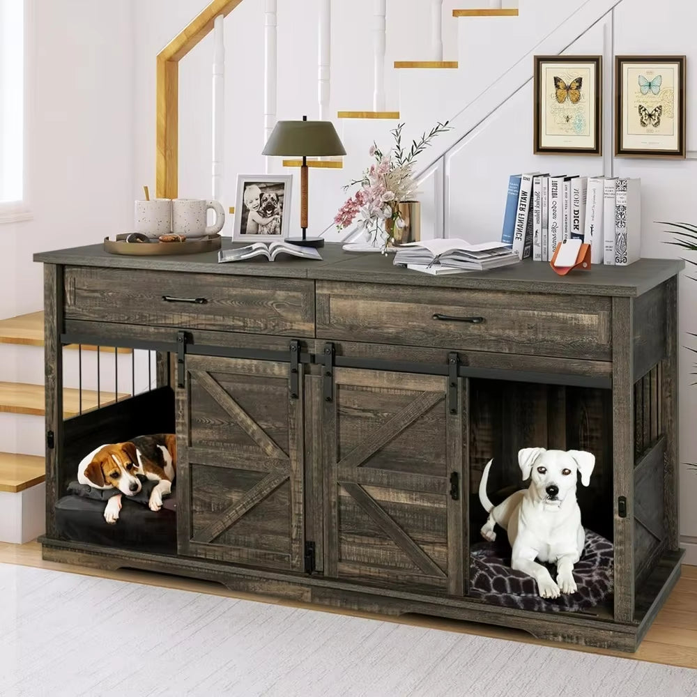 Dog Crate for Large Dog with Divider Wooden Kennel Indoor Cages Kennel Furniture with 2 Drawers