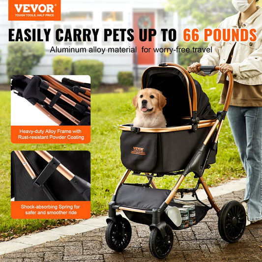 Foldable Pet Stroller – 66 lbs Capacity, Brakes & Storage, Detachable Basket for Small to Medium Dogs