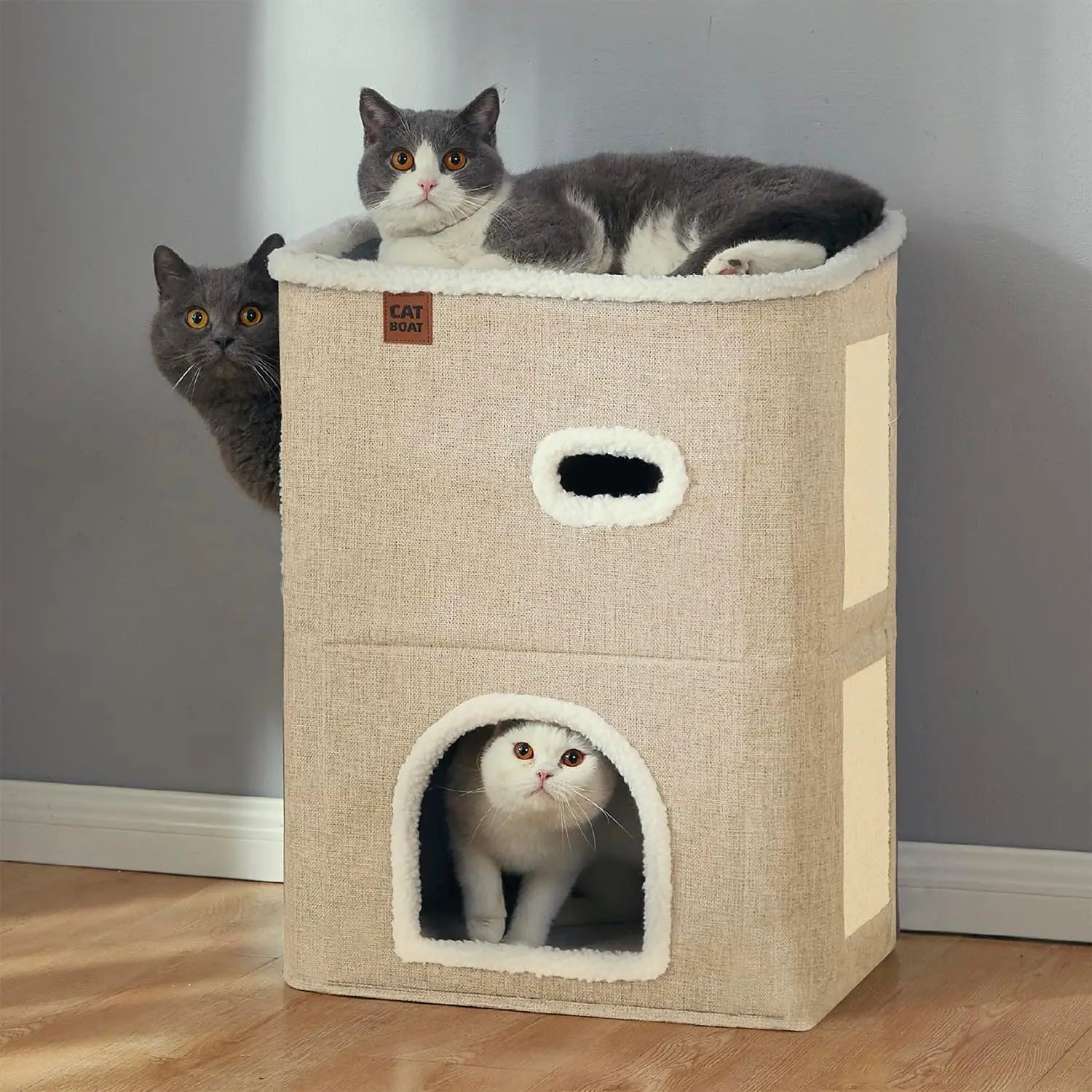 2-Storey Cat House for Indoor Cats Bed, Covered Cat Beds & Furniture with Scratch Pad and Hideaway Cave, Cute Modern Cat Condo