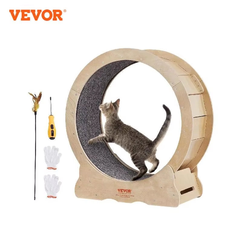 Cat Exercise Wheel Natural Wood Silent Running Toy Treadmill Roller Wheel with Detachable Carpet for Most Cats Pet Fitness