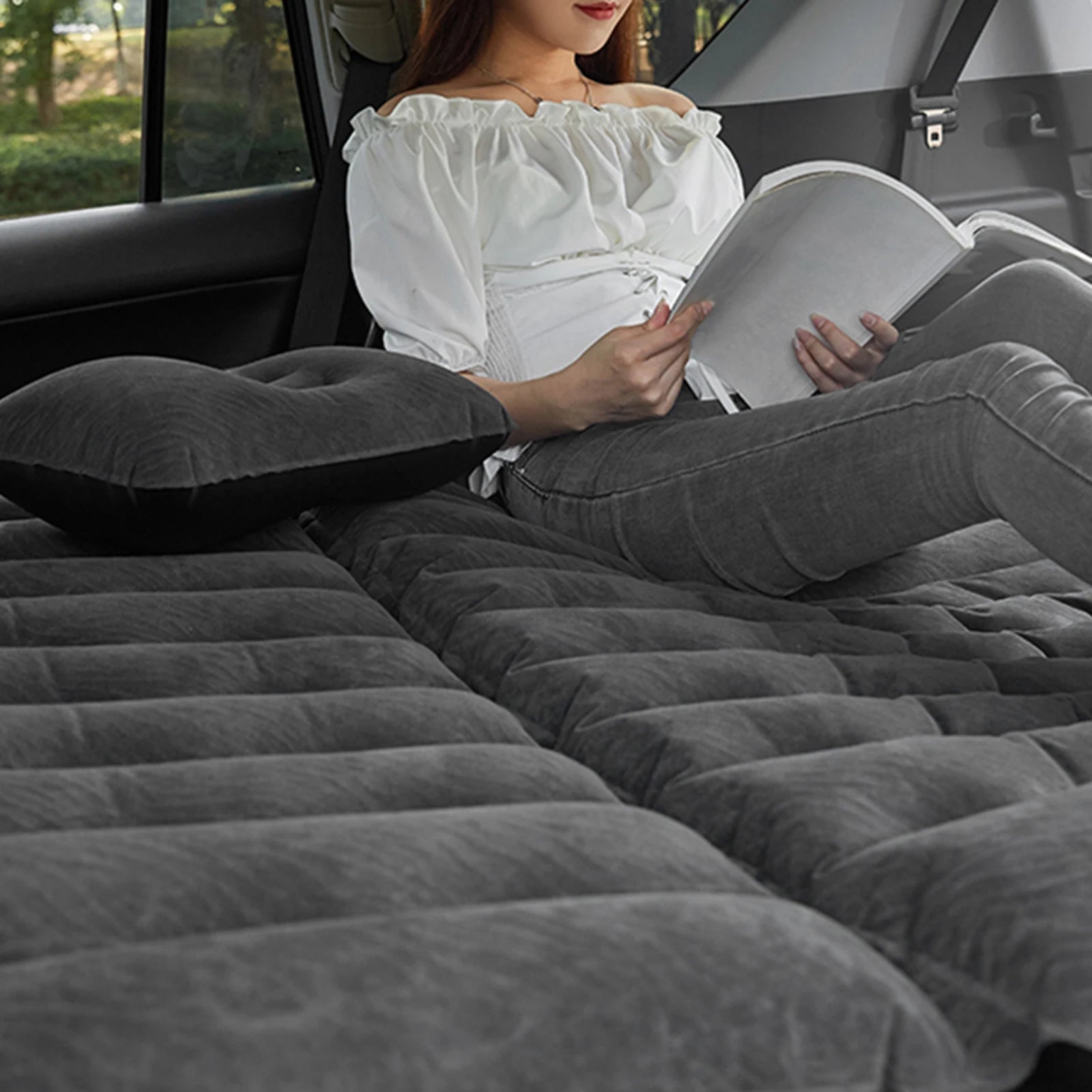 2-in-1 Inflatable Travel Mattress | Soft PVC Flocking Cushion for Car & Home Camping