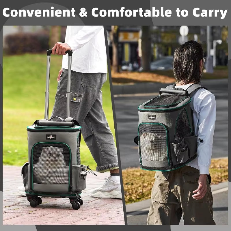 Expandable Pet Carrier Backpack with Wheels | Breathable Rolling Bag for Cats & Dogs up to 20 lbs