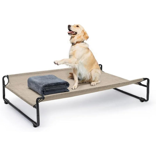 Large Elevated Dog Bed with Flannel Blanket - Outdoor Raised Pet Cot for Large Dogs